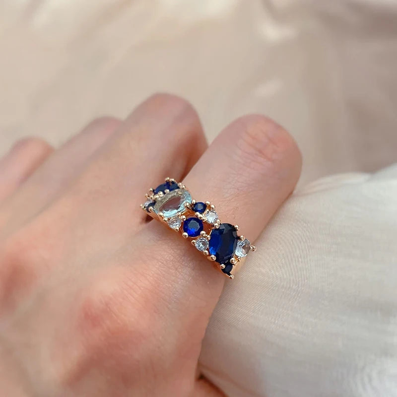 14K Rose Gold Plated Copper Earrings & Ring with Blue Natural Zircons