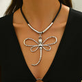 Bold Boho Style Silver Dragonfly Alloy Pendant on Long Cord Choker Necklace