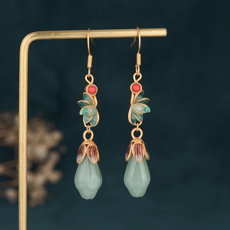925 Sterling Silver Lotus Flower Jade Stone Drop Earrings