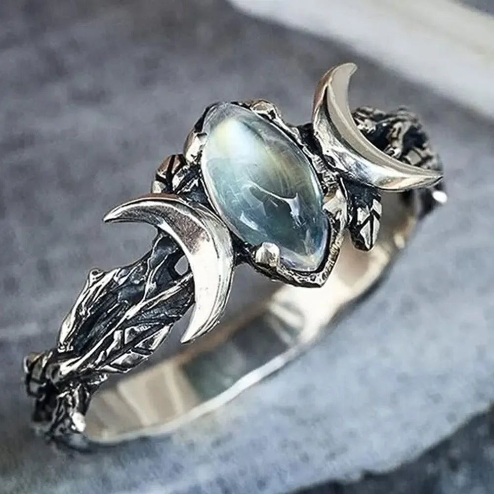Unique Stainless Steel Natural Blue Moonstone Crescent Moon Ring