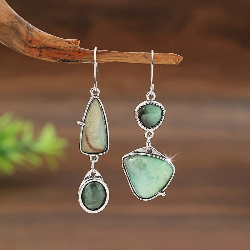 White Gold Plated Copper Green Stone Earrings - Boho, Asymmetric, Vintage Inspired