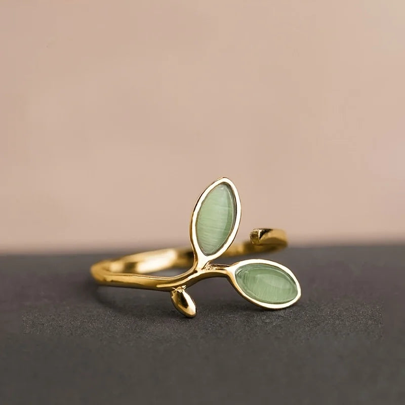 Elegant Enamel Green Leaf Ring - Adjustable Open Vine Design, Copper Plated