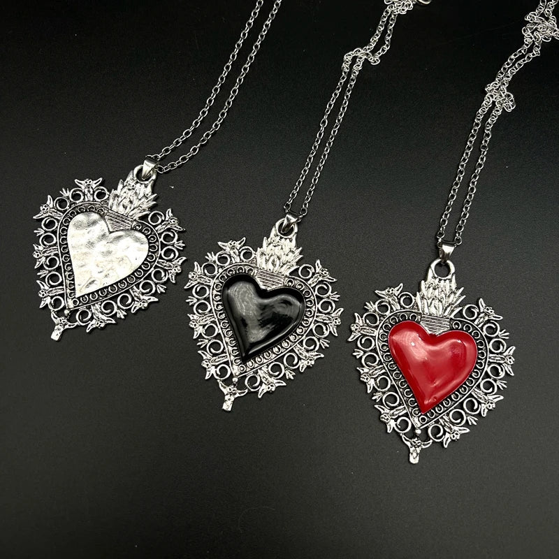 "Sacred Flaming Hearts" Mexican Milagros Gothic Vintage Inspired Zink Alloy Necklace