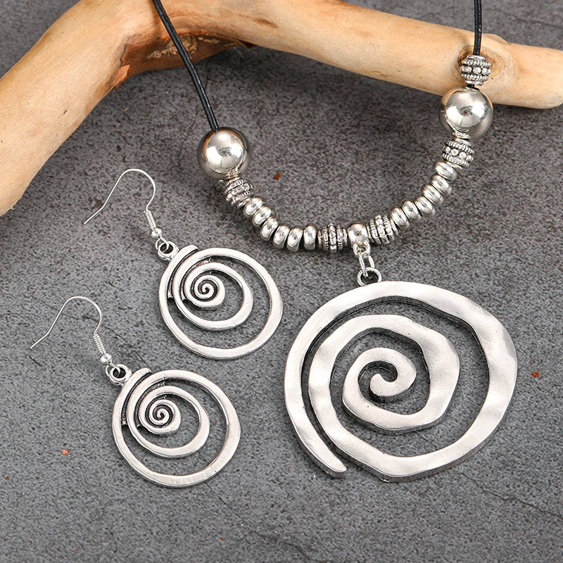 Bold Bohemian Style Alloy Spiral Pendant Necklace & Earrings
