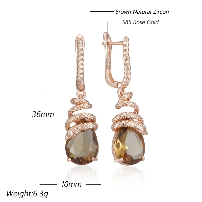 14K Rose Gold Plated Copper Snake Dangle Earrings with Natural Brown Zircon