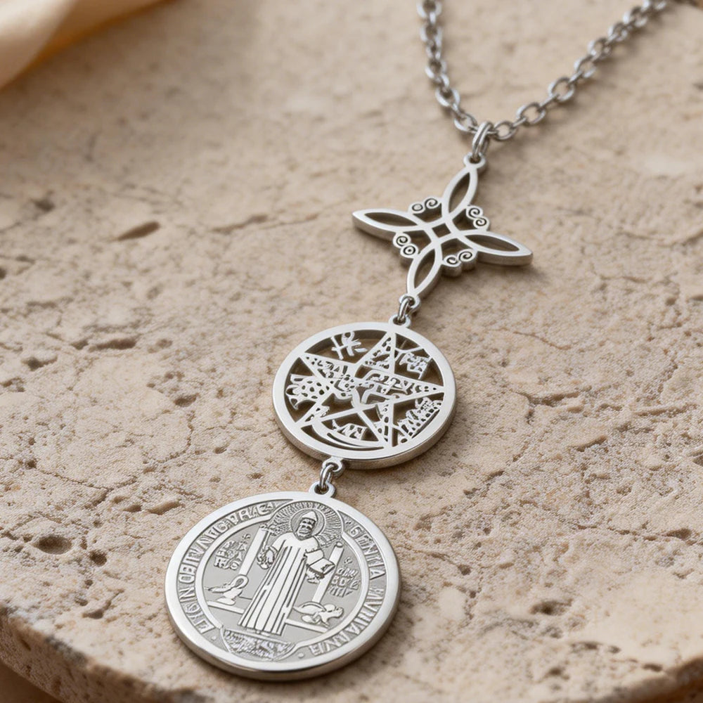 Triple Protection Stainless Steel Necklace: Witch knot, Pentagram Tetragrammaton, St. Benedict.