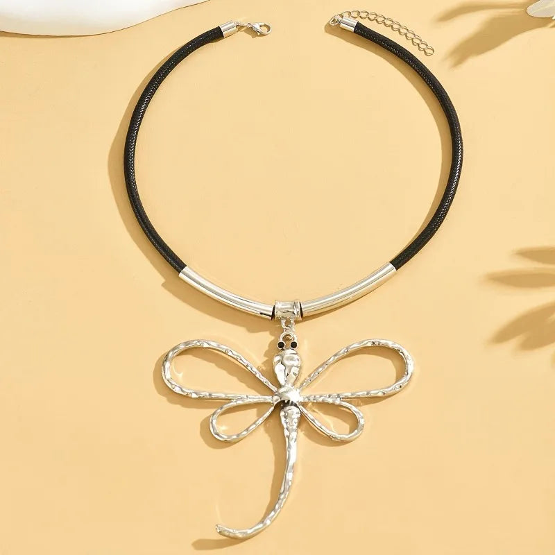 Bold Boho Style Silver Dragonfly Alloy Pendant on Long Cord Choker Necklace