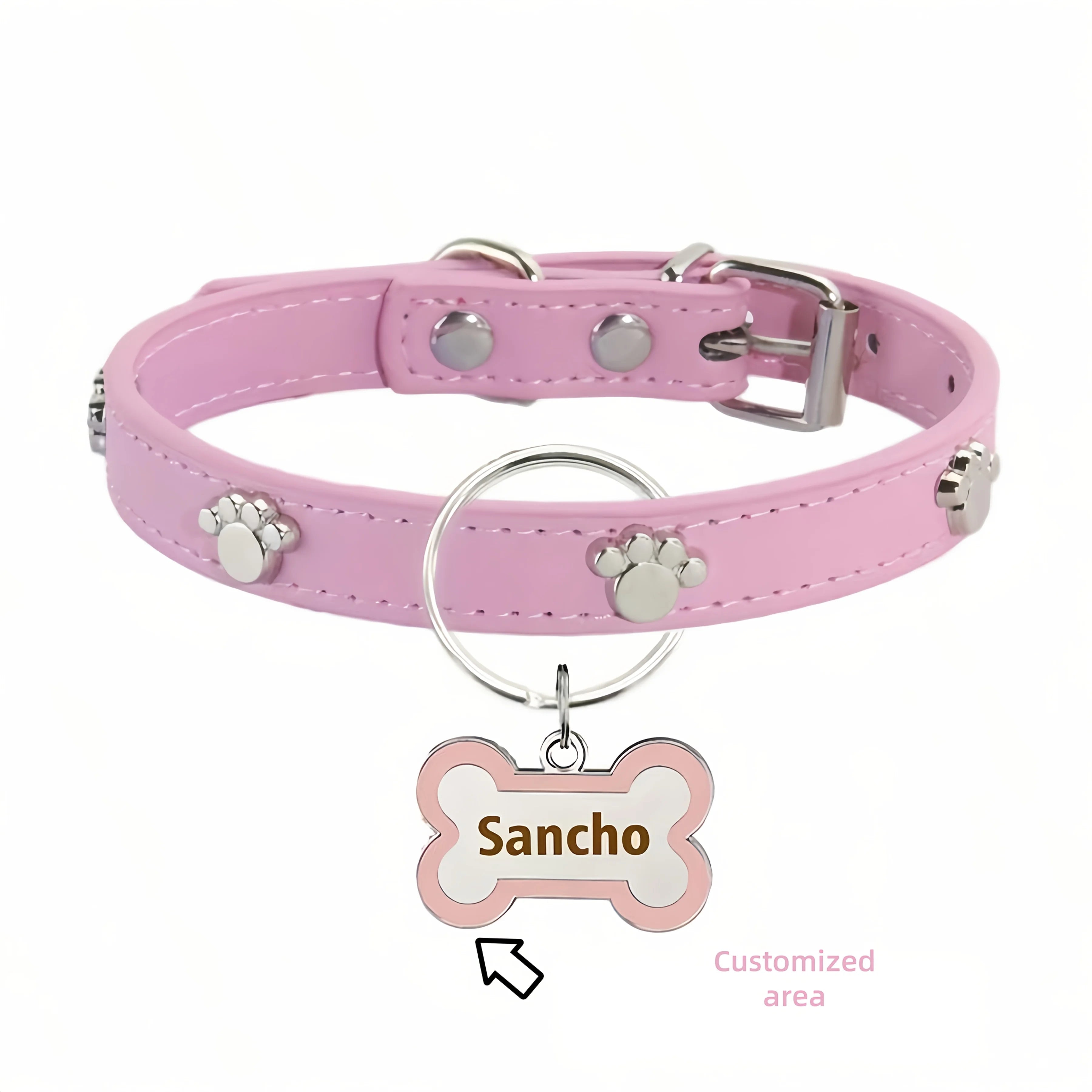 PU Leather Dog Collar with Bone-Shaped Pet Tag, Double-Sided, Engraved Pet Name and Phone