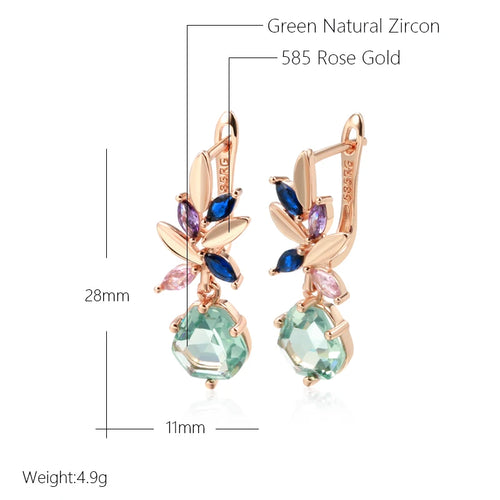 14K Rose Gold Plated Copper Earrings Natural Zircon Green Stone & Petals