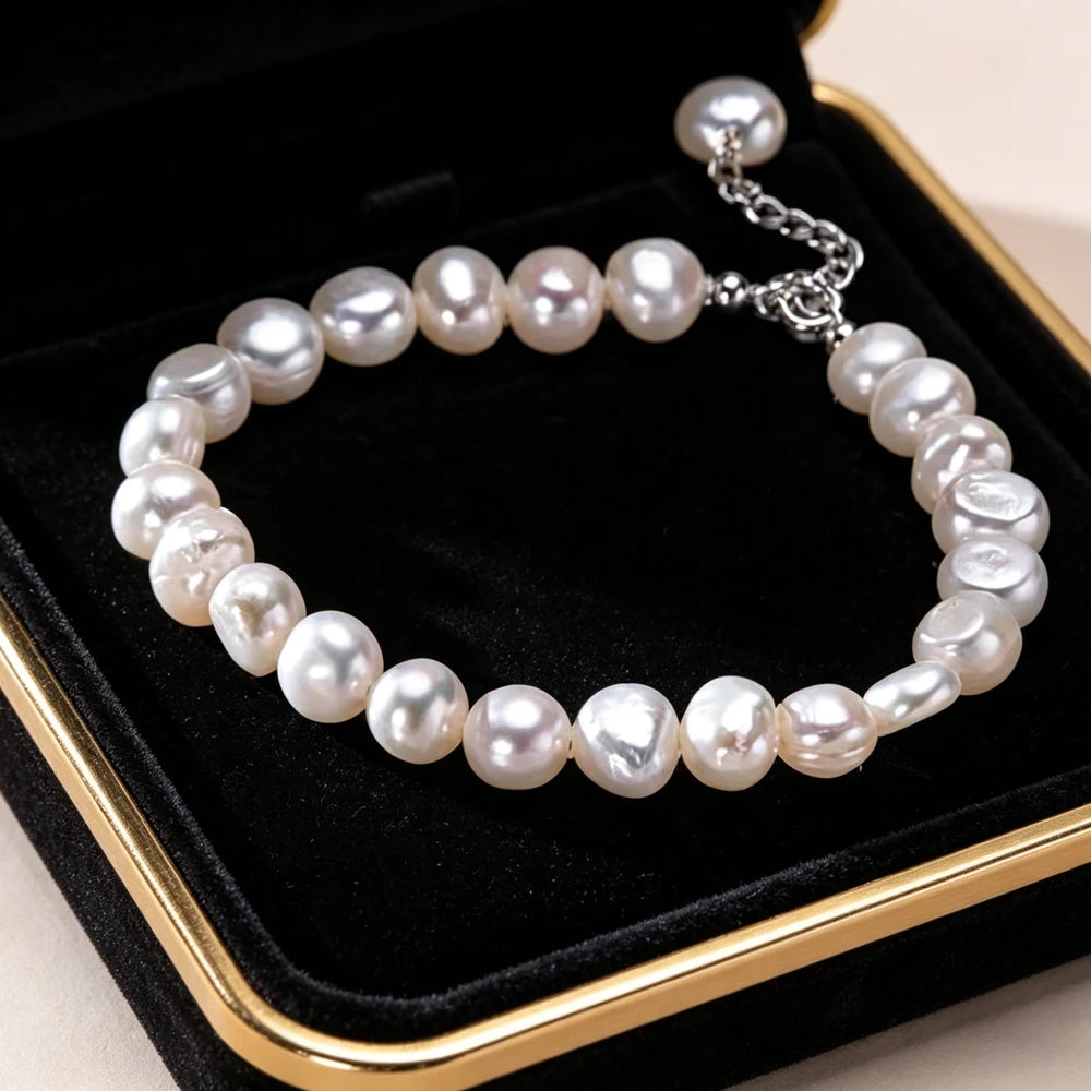 925 Sterling Silver Freshwater 8-9mm White Pearl Bracelet