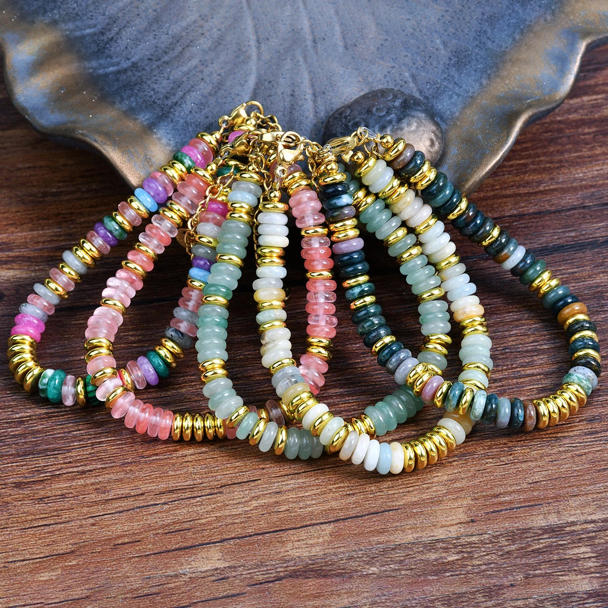 Natural Colorful Beaded Gemstones Boho Stainless Steel Bracelet