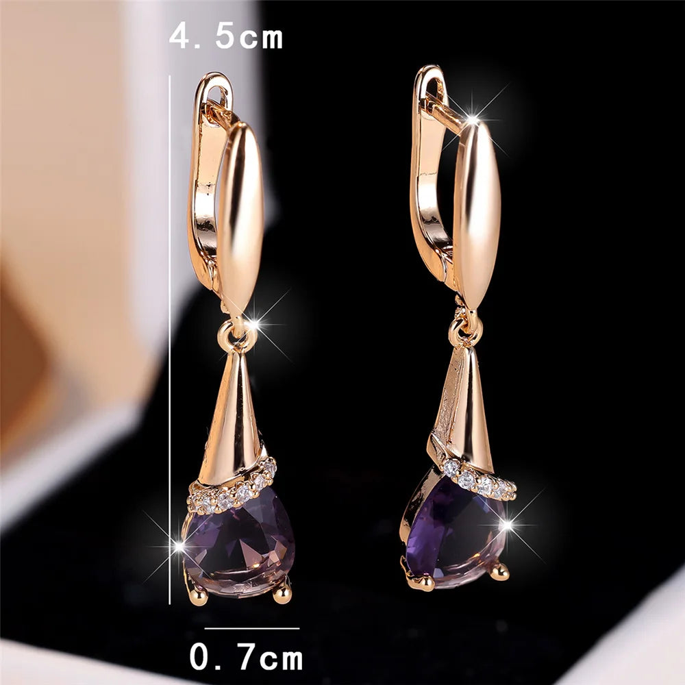 Elegant Female Purple Zircon Stone Water Drop Gold Color Earrings Cute Dangle Boho Wedding Jewelry For Women