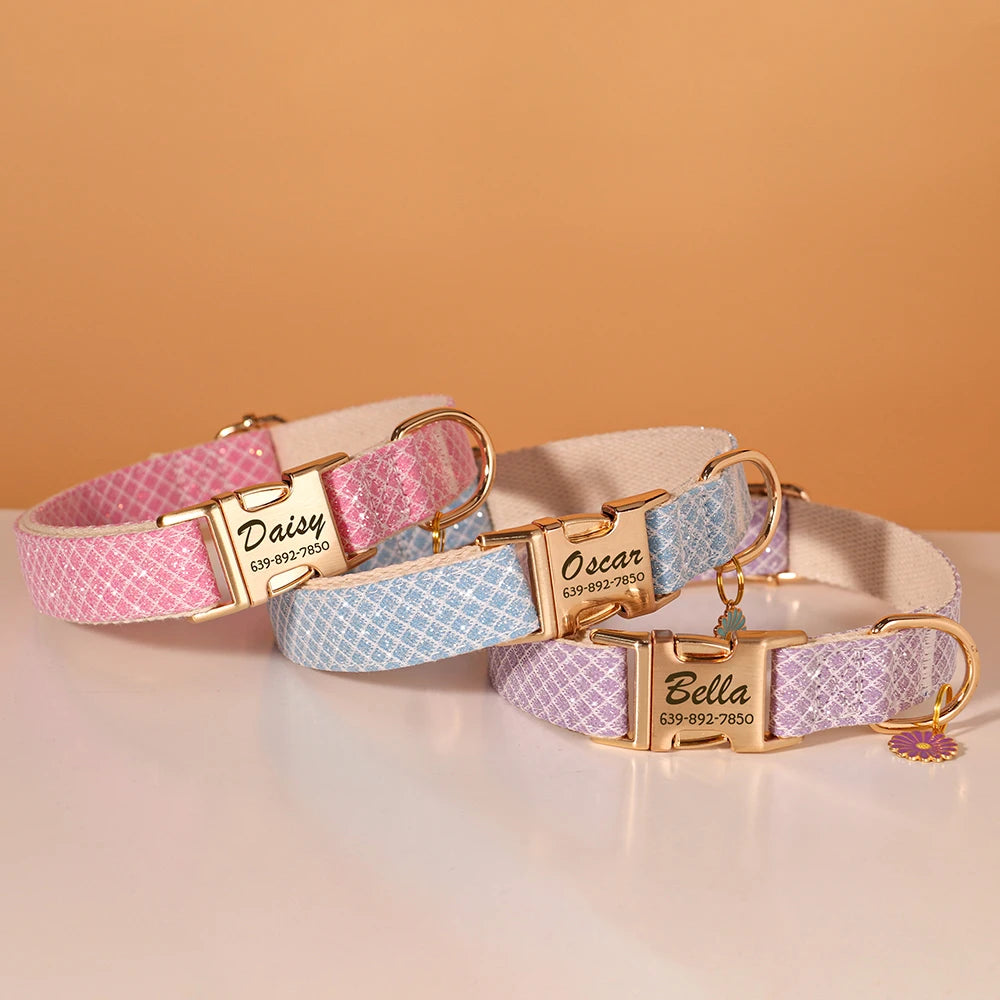 Nylon Dog Collar with Cute Flower Tag - Customize, Engrave, Name Tag, ID Necklace