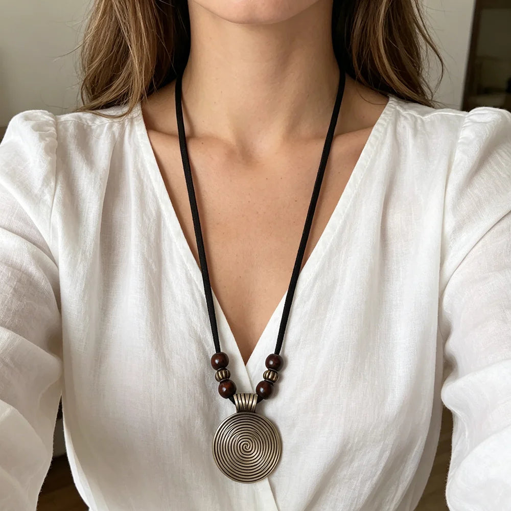 Boho Circular Spiral Sweater Chain Zinc Alloy Wooden Beads Pendant