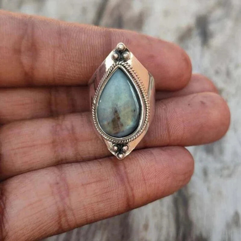 Bold Thick Vintage Inspired Ring with Pear Shaped Green Stone