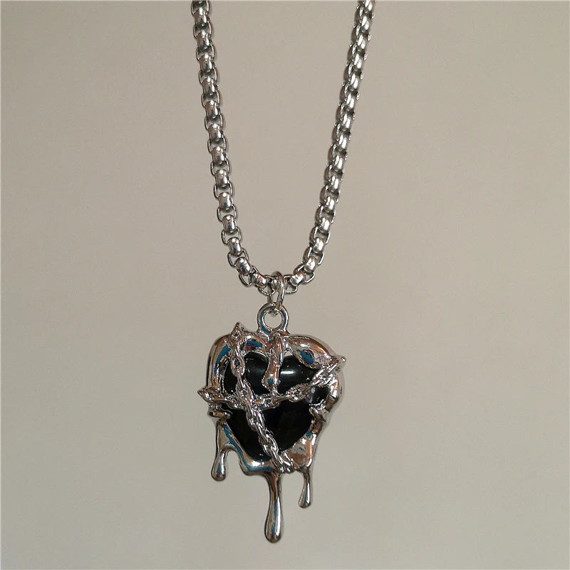 Stainless Steel Gothic Y2K Black Thorn Cross Heart Pendant Choker Necklace Selection