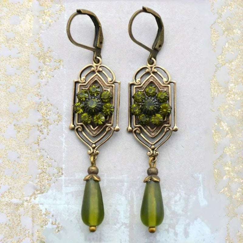 KC Gold Plated Copper Green Stone Earrings - Victorian Edwardian Art Nouveau