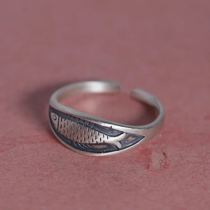 925 Sterling Silver Retro Fish Ring Adjustable