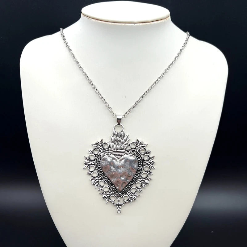 "Sacred Flaming Hearts" Mexican Milagros Gothic Vintage Inspired Zink Alloy Necklace