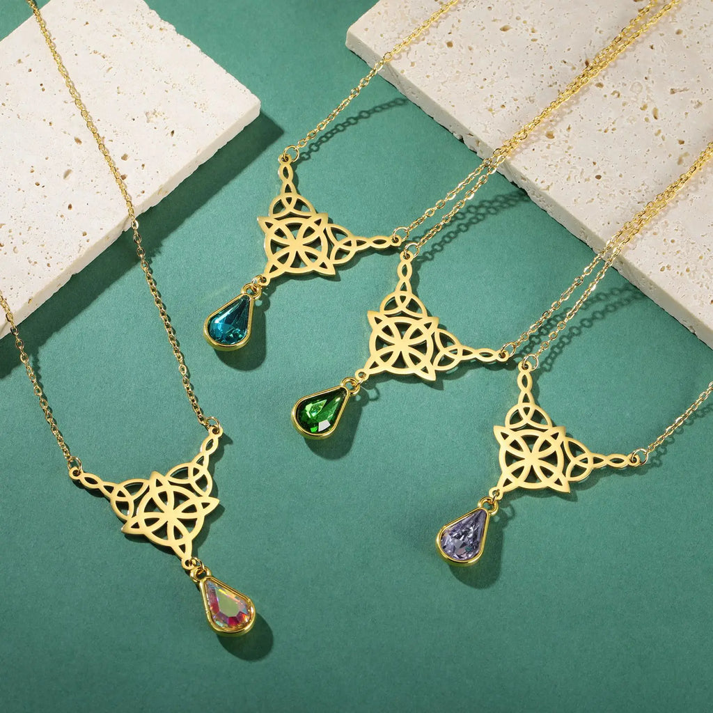 Celtic Knot Stainless Steel Drop Stone Pendant Necklace