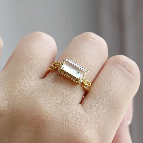 Antique Inspired Natural Ice Chalcedony Stone CZ Ring - Gold Plated, Adjustable, Unique