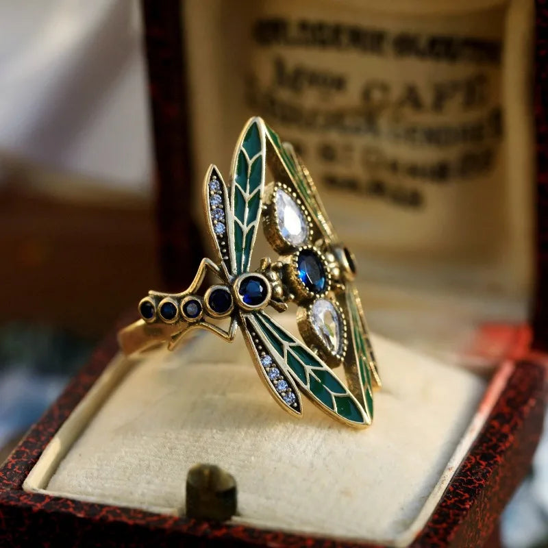 Bold Vintage Inspired Dragonfly Alloy Ring with Blue/Green/Clear CZ Stones