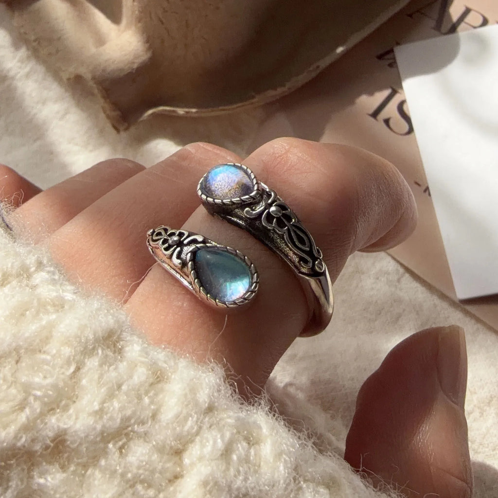 925 Sterling Silver Adjustable Blue Stone Flower Ring