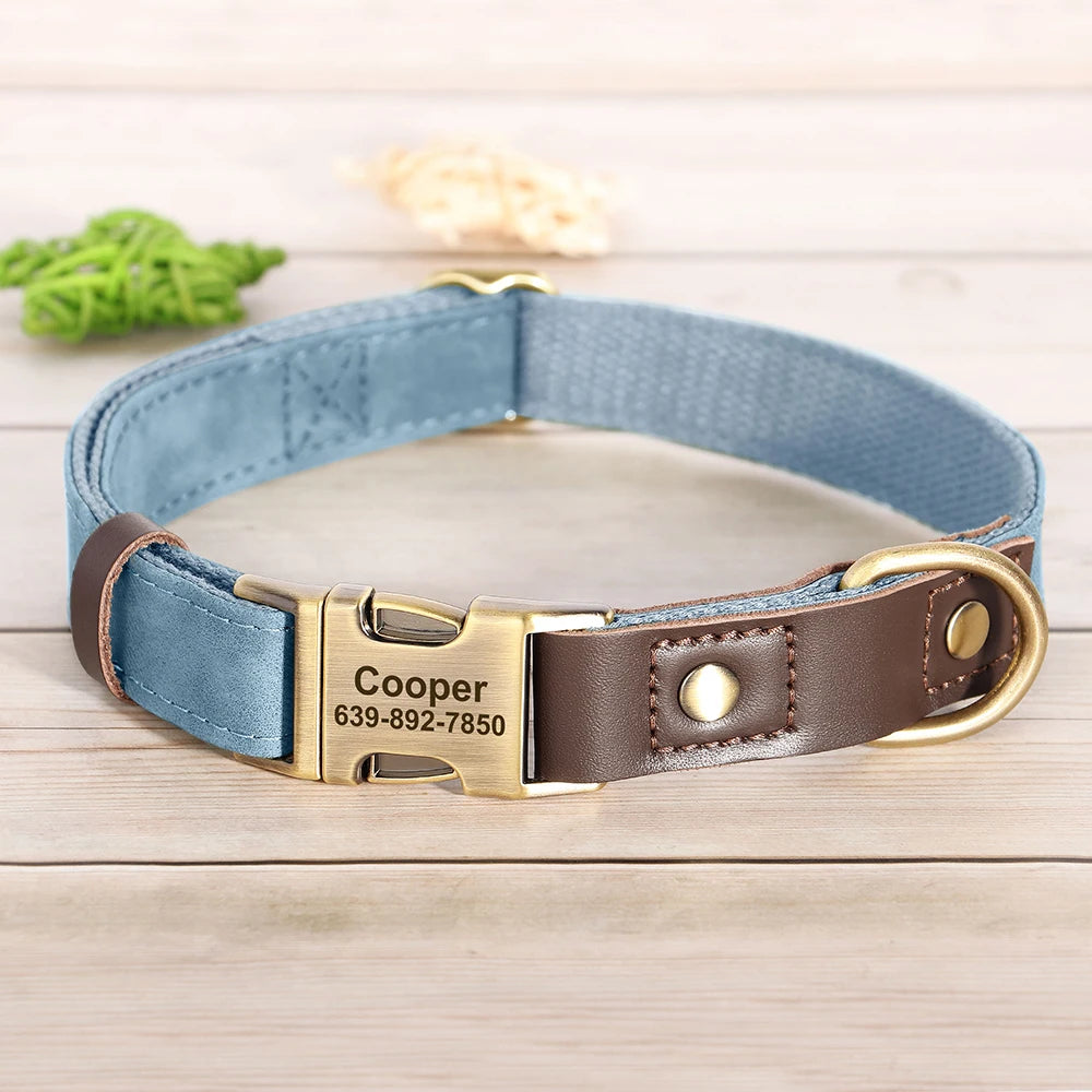 Faux Suede Leather Adjustable Dog Collar - Customize, Engrave, Name Tag, ID Necklace