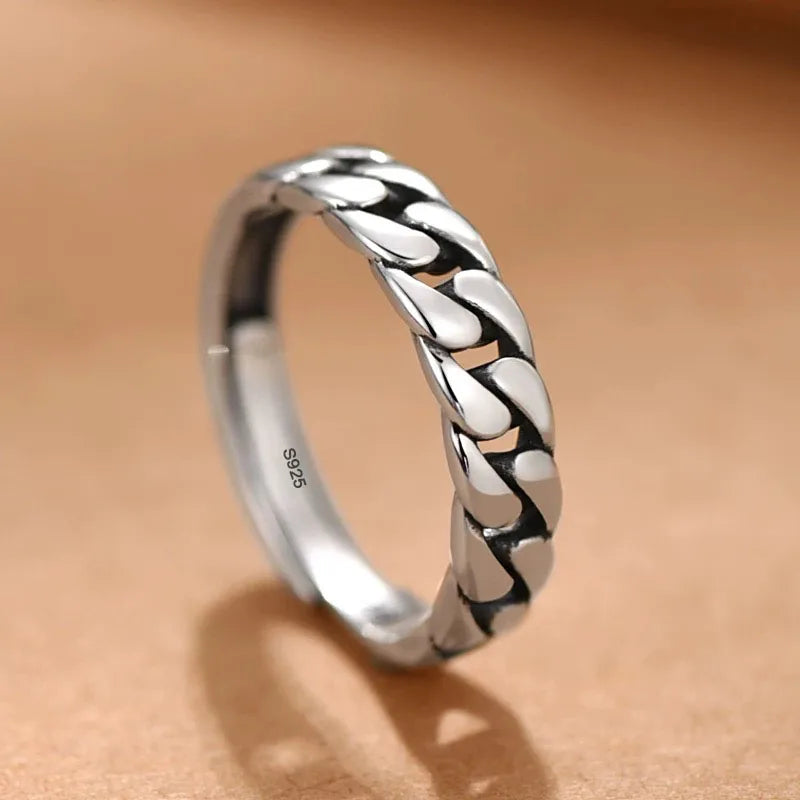 925 Sterling Silver Chain Band Ring Adjustable