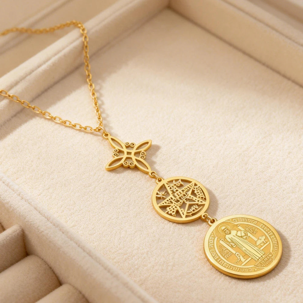 Triple Protection Stainless Steel Necklace: Witch knot, Pentagram Tetragrammaton, St. Benedict.