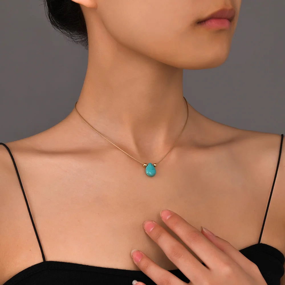 Boho Teardrop Turquoise Pendant Fashion Stainless Steel Necklace Girl