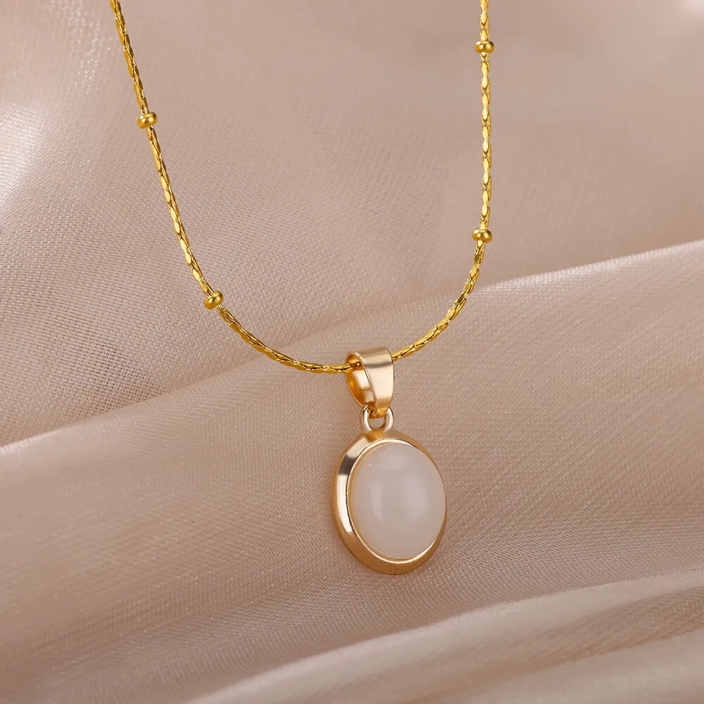 Opal Stone Pendant Stainless Steel Necklace