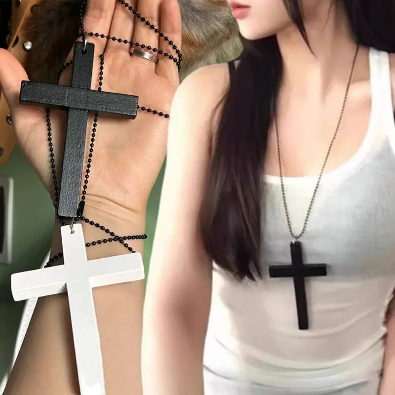 Large Y2K Goth Wood Cross Pendant Zinc Alloy Necklace