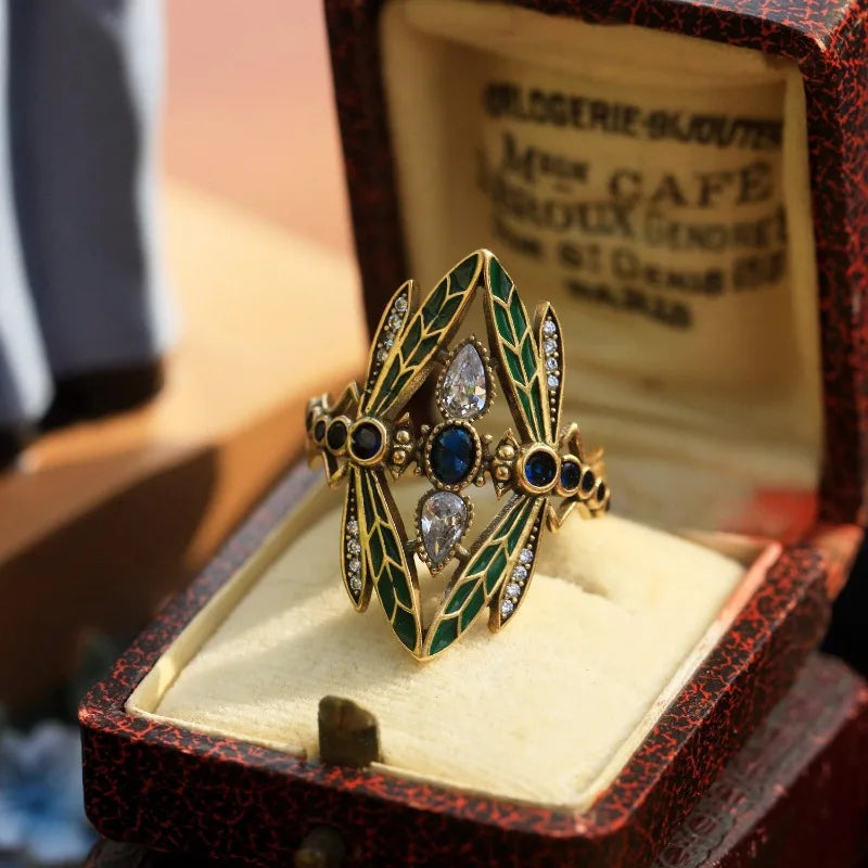 Bold Vintage Inspired Dragonfly Alloy Ring with Blue/Green/Clear CZ Stones