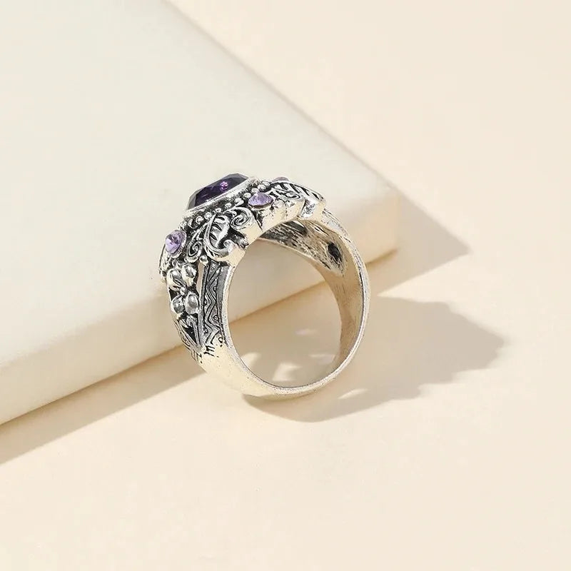 Purple CZ Stone Thai Silver Plated Zinc Alloy Leaf Flower Ring