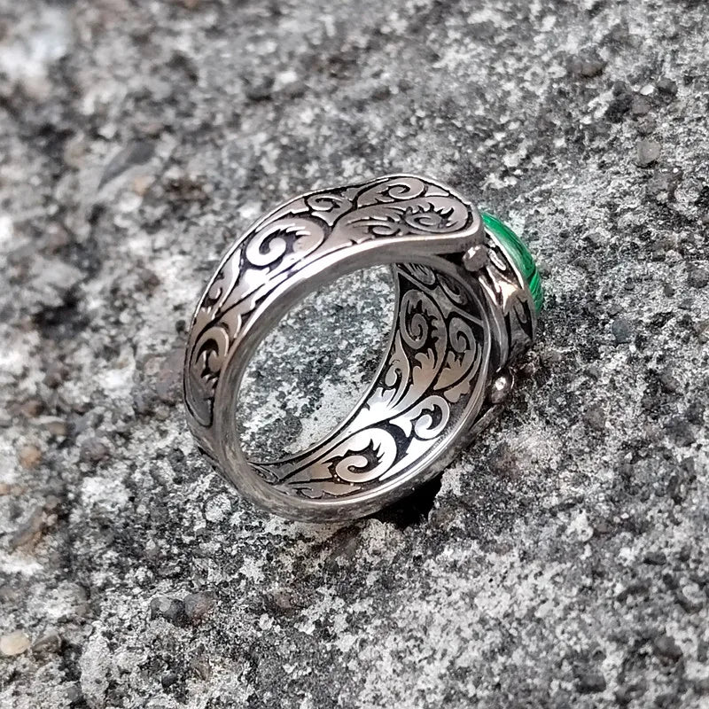 Antique Inspired Large Genuine Malachite Carved Stainless Steel Ring