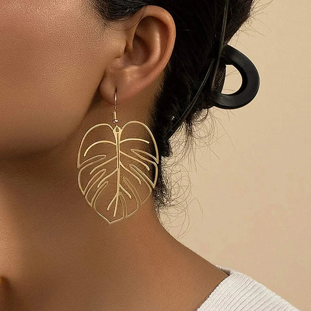 Stainless Steel Bohemian Hollow Exaggerated Leaf Dangle Drop Earrings
