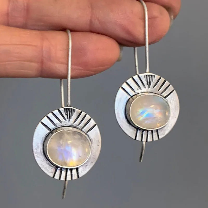 Ancient Style Round White Moonstone Zinc Alloy Large Earrings - Bold, Boho, Unique
