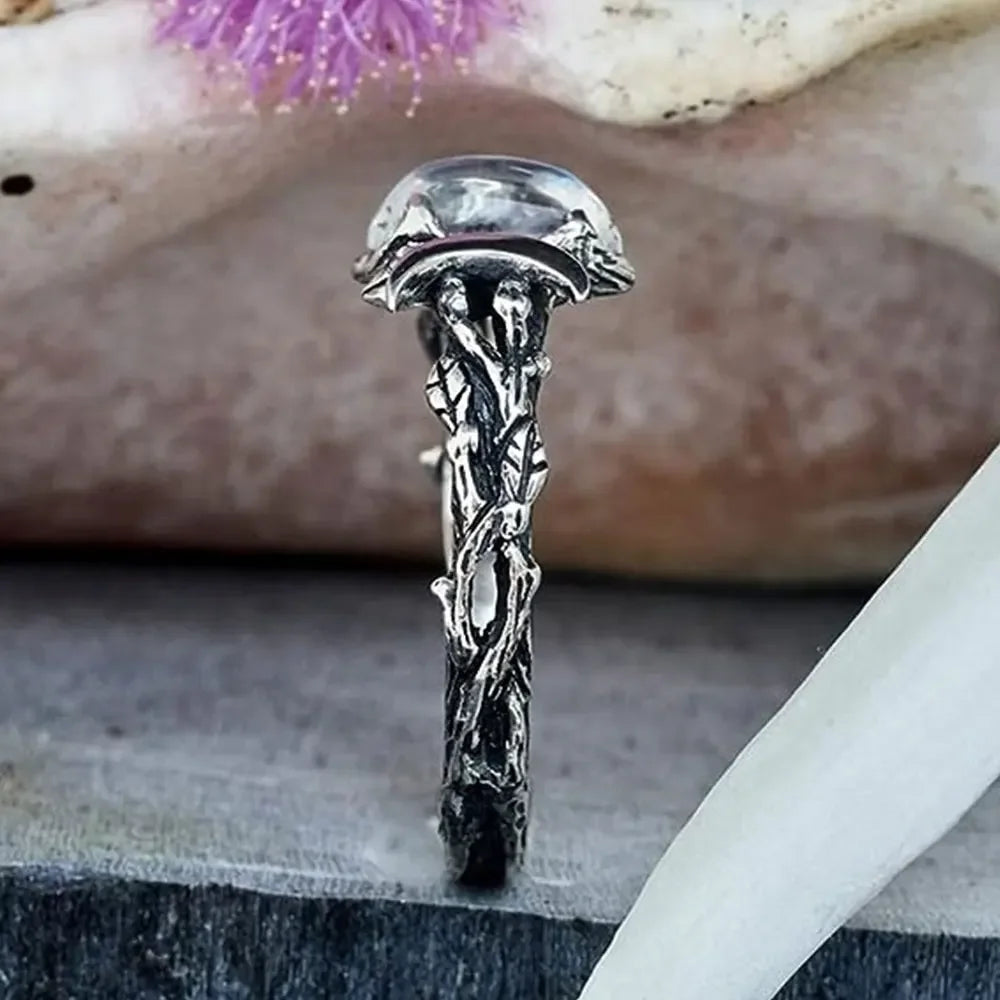 Unique Stainless Steel Natural Blue Moonstone Crescent Moon Ring