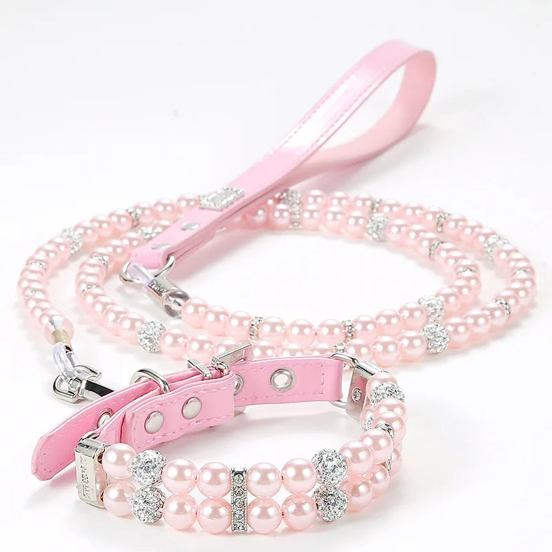 Fashionable Faux Pearl Crystals Adjustable Collar & Leash