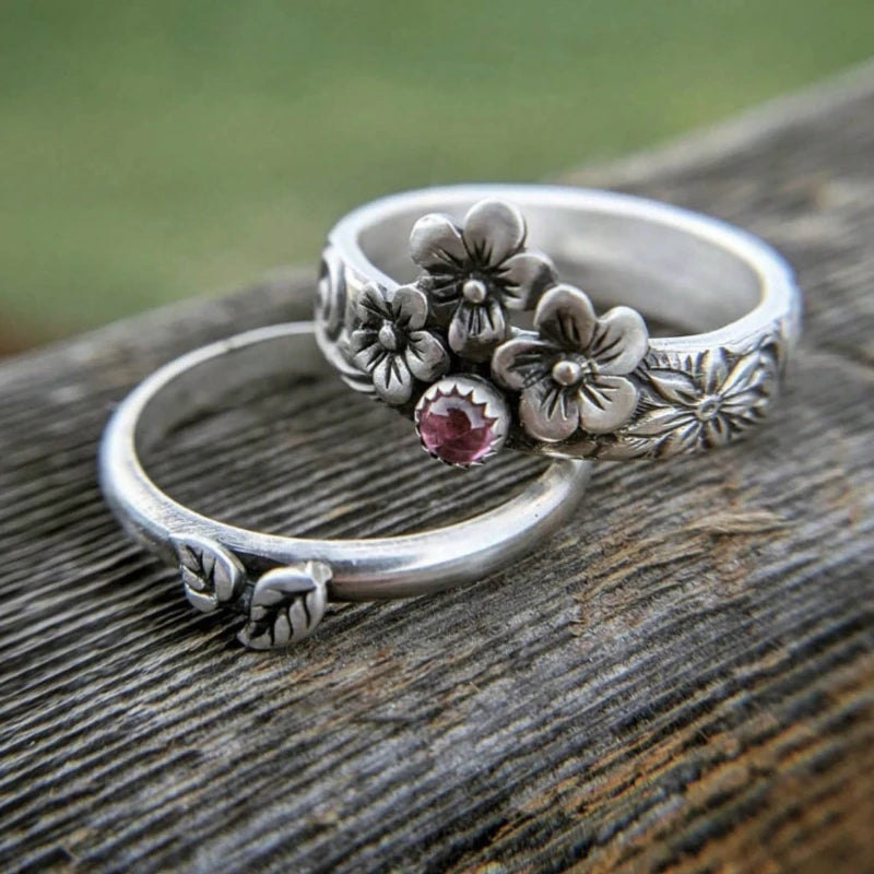 2pcs Retro Flower Leaf Pattern Stacking Pair Pink Zircon Zinc Alloy Ring