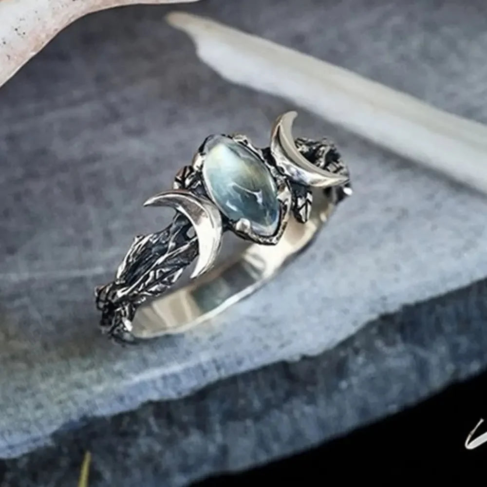 Unique Stainless Steel Natural Blue Moonstone Crescent Moon Ring
