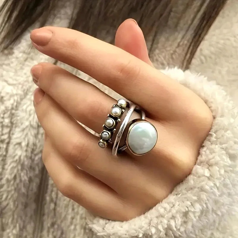 Vintage Inspired Simulated Pearl Stackable White Copper Ring - Bold, Unusual, Statement