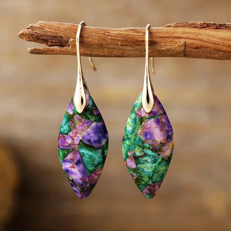 Bohemia Gold Plated Multicolored Natural Stone Leaf Shaped Earrings