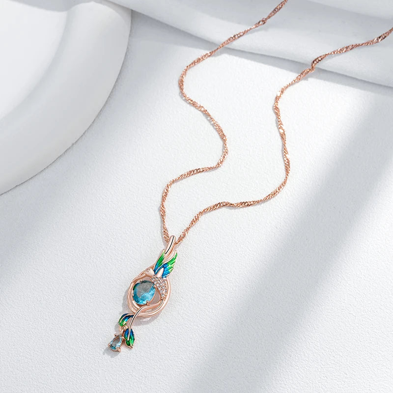 14K Rose Gold Plated Copper Peacock Pendant Necklace with Blue Natural Zircon