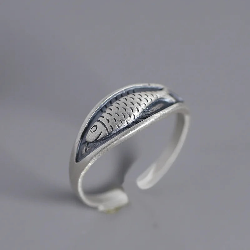925 Sterling Silver Retro Fish Ring Adjustable
