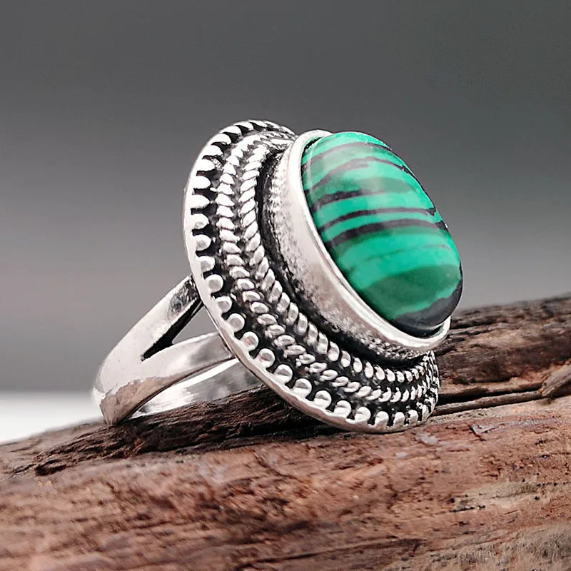 Oval Large Malachite Stone Silver-Plated Copper Ring - Bold, Statement Piece