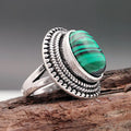 Oval Large Malachite Stone Silver-Plated Copper Ring - Bold, Statement Piece
