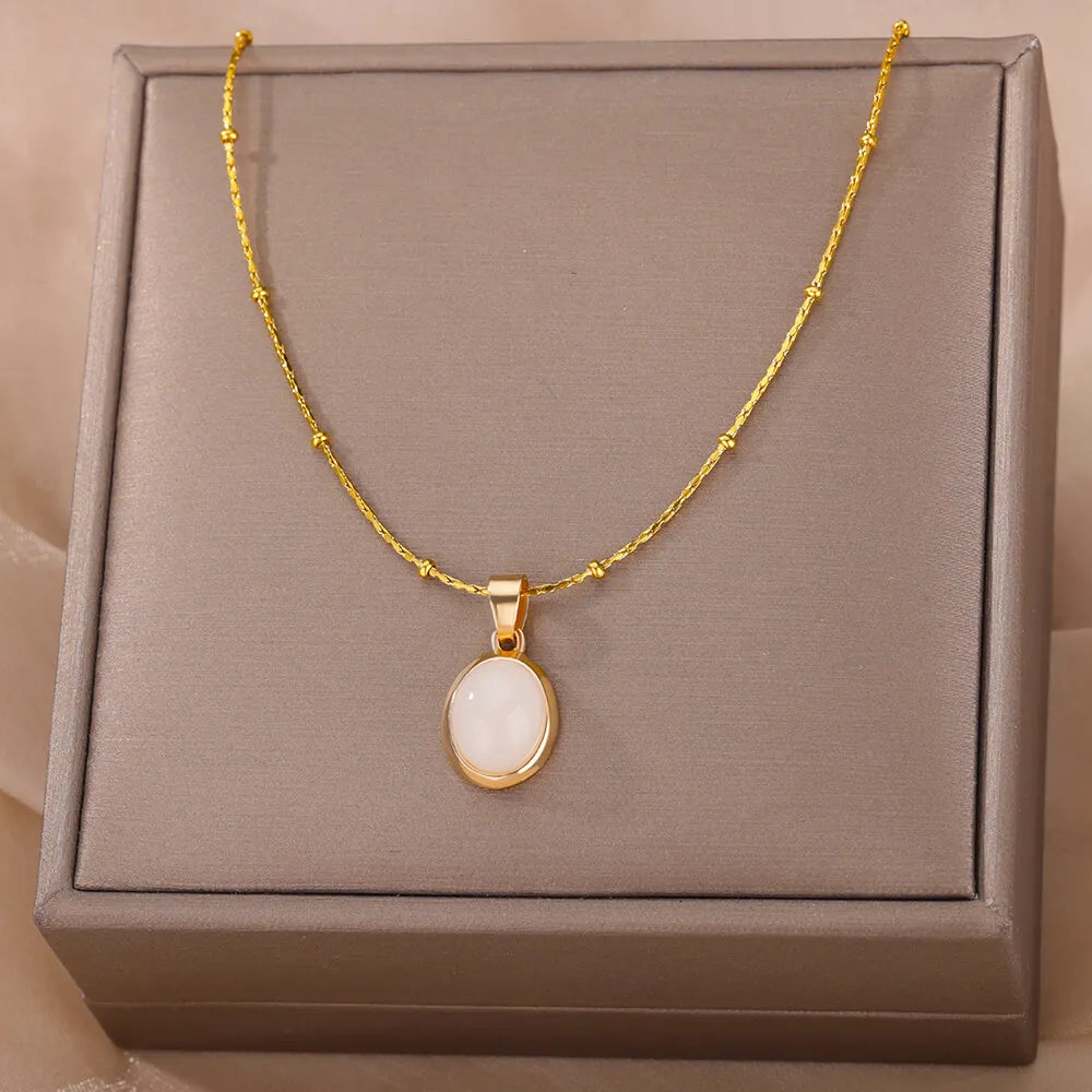 Opal Stone Pendant Stainless Steel Necklace