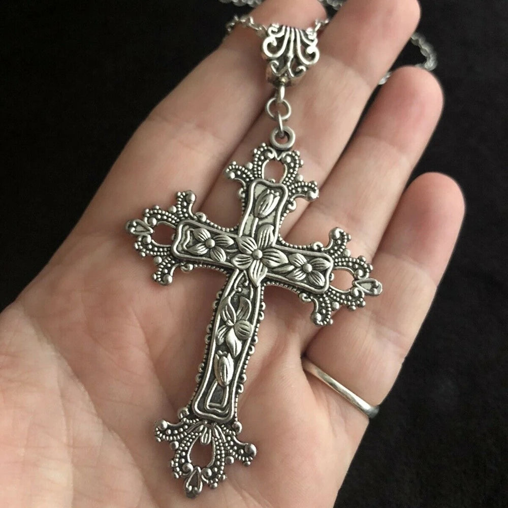 Large Gothic Victorian Flower Detailed Cross Zinc Alloy Necklace 19cm